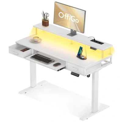 Imagen de OffiGo Escritorio Elevable con Cajones, 120cm Mesa Bandeja para Teclado, Electrico Soporte Monitor, Escritorios Enchufes y LED Luz, Blanco
