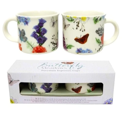 Imagen de Puckator Juego de dos tazas café porcelana con temática mariposas, animales Diseño original inglés Butterfly Meadows Espresso Cup
