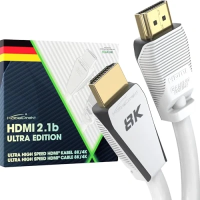 Imagen de KabelDirekt Cable HDMI 2.1 8K, edición Gamer certificada 2m (8K@60Hz, ultra High Speed/48G para 10K, 8K o rápido 144 Hz a 4K, óptimo PS5/Xbox y PC Gaming, Monitor/TV, blanco)