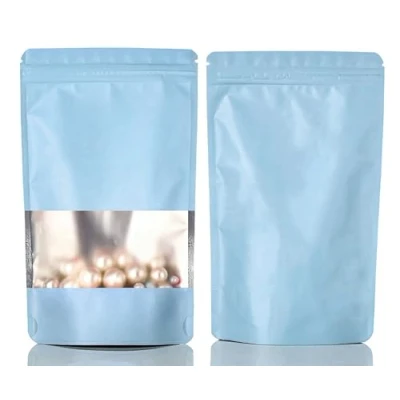 Imagen de Rimiko 50 Piezas Bolsa Ziploc de Pie con Ventana, Embalaje Resellable Aluminio, Mylar Cierre para Almacenamiento Alimentos, Granos Café, Dulces (Cielo Azul,10x15cm)