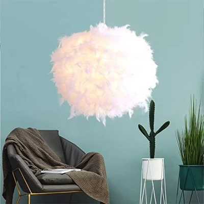 Imagen de lámpara colgante de plumas blancas esféricas 40 cm/15,9 pulgadas, pantalla plumas, techo, para sala estar, dormitorio, comedor