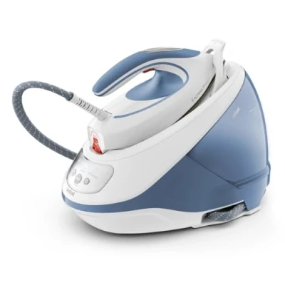 Imagen de Tefal Estación de planchado a vapor Express Protect SV9202, 7,5 bar, aumento vapor: 520 g/min., flujo continuo: 130 colector antical, suela Durlium AirGlide AutoClean, 2600 W, 1,8 L, 39,8 x 24,3 29,4 cm, blanco/azul