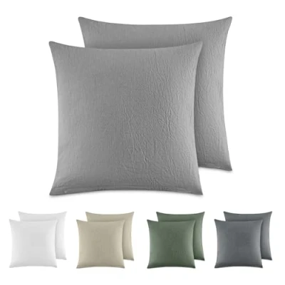 Imagen de Dreamzie Funda Almohada 40x40 cm (Juego de 2), 100% Algodón Lavado Color Gris Claro, Aspecto Lino y Transpirable, con Cremallera