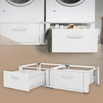 Imagen de ML Design Pedestal Doble para Lavadora o Secadora Blanco 128 x 53.5 31.5 cm de Acero, Capacidad hasta 150kg x2 Soporte Base Estable y Robusta Bastidor Universal con 2 Cajones Almacenamiento