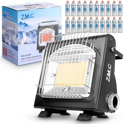 Imagen de Z.M.C calefacción de gas portátil 2 en 1 y hornillo + 20 cartuchos 227 g, camping 1,7 kW, calentador para exterior e interior, calefactor móvil con encendido