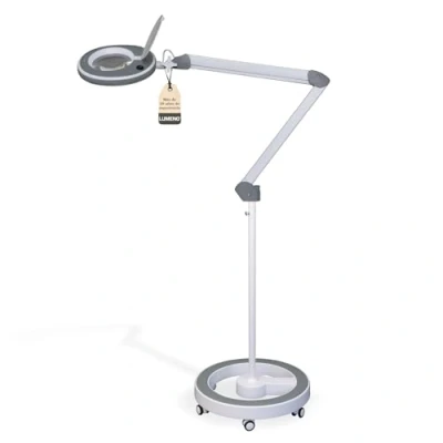 Imagen de Lumeno 8213GR lupa LED Lámpara de trabajo cosmética, luminosidad regulable, lente cristal 127 mm, lectura, 3 dioptrías con trípode rodante