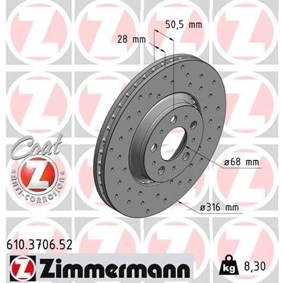 Imagen de ZIMMERMANN SPORT COAT Z 610.3706.52 Disco de freno 316 28 10/5 5 108 ventilación externa, perforado revestido VOLVO: S60 I, XC90 V70 2