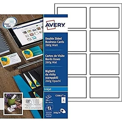 Imagen de Avery Zweckform C32015 25 tarjeta de visita Inyección tinta Cartón Blanco pieza(s) Tarjetas (Inyección tinta, Cartón, Blanco, Mate, 260 g/m², 200 hojas)