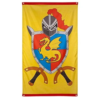 Imagen de Boland 44008 Bandera caballero y dragón, tamaño 150 x 90 cm, decoración colgante con dragón escudo de armas, banderola, para fiesta temática, cumpleaños o carnaval