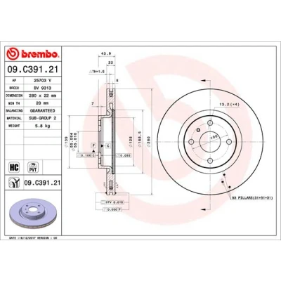 Imagen de BREMBO 09.C391.21 Disco de freno 280 22 4 ventilación interna revestido altamente carbonizado MAZDA: MX 5 IV, ABARTH: 124 Spider