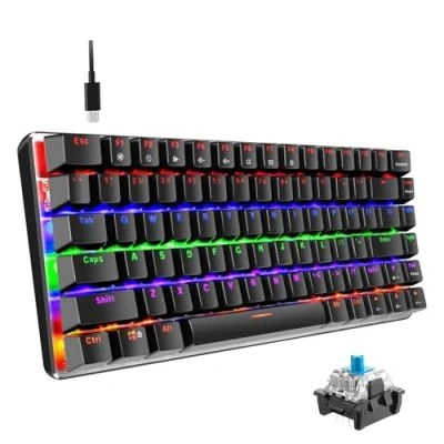 Imagen de Teclado mecánico, AK33 Rainbow LED con retroiluminación Cable USB mecánico para juegos, 82 teclas compacto juegos anti efecto fantasma(Interruptor azul, negro)