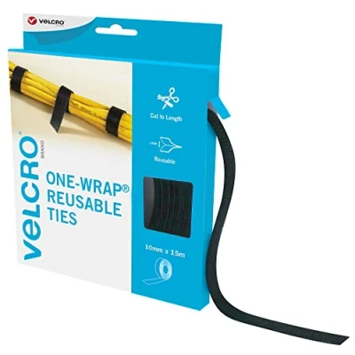 Imagen de VELCRO Marca Bridas reutilizables de una sola envoltura multiusos, accesorios escritorio perfectos para gestión cables y mejoras del hogar Negro 10 mm x 15 m