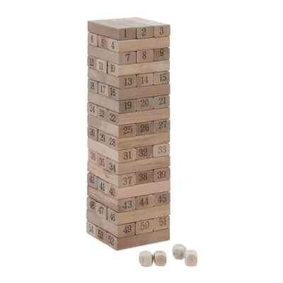 Imagen de Relaxdays Juego Torre de Madera, 54 Bloques para Apilar con Números, 26, 5x7,5 cm, 4 Dados, Niños, Natural