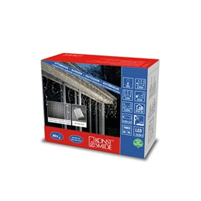 Imagen de Konstsmide Cortina de luces LED con sensor luz y temporizador 6 h 9 h, esmerilado, 80 diodos blanca cálida, funciona pilas, exterior (IP44), cable blanco 3739 132