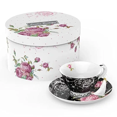 Imagen de London Boutique Juego de Taza té y platillo, 1 la Tarde New Bone China Vintage Flora Caja Regalo 200 m (Negro)