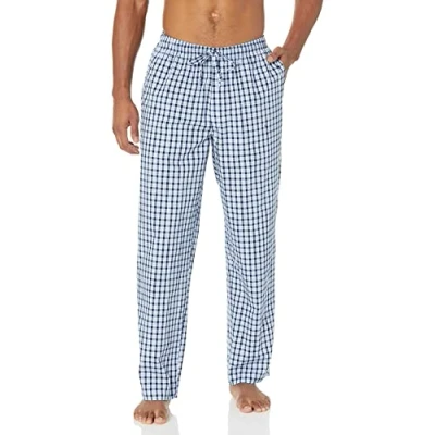 Imagen de Amazon Essentials Pantalón de Pijama Tejido Ajuste Recto Hombre, Azul Claro Blanco Cuadros Escoceses, M
