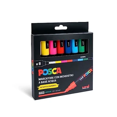 Imagen de Posca UniPosca Juego de 8 rotuladores acrílicos surtidos, multicolor punta redonda media 2,5 mm para niños y artistas, telas, madera, vidrio otras superficies