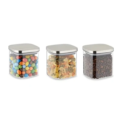 Imagen de Relaxdays Botes Cristal con Tapa, Set de 3, 600 ml, Recipientes Cuadrados, Tarros Herméticos, Transparente/Plateado, 11 x 10.5 cm