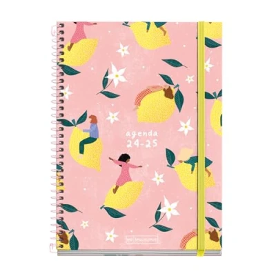 Imagen de Miquelrius Agenda Escolar 2024 2025, Septiembre 24 a Junio 25, 155 x 215 mm, Día Página, Cubierta Cartón Forrado, Espiral Metálico Rosa, Español e Inglés, Limones