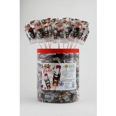 Imagen de Cola Rock. Caramelo con palo en forma de botella. Sabor cola. Bote 100 unidades piruletas envuelta individual.