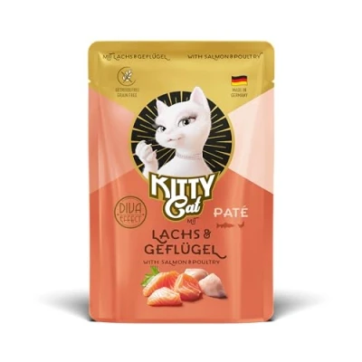 Imagen de KITTY Cat Paté salmón &amp; Aves 6 x 85 g Comida húmeda para Gatos, sin Cereales, alimento Gatos con taurina, Aceite de y mejillón Labios Verdes, pienso Completo Alto Porcentaje