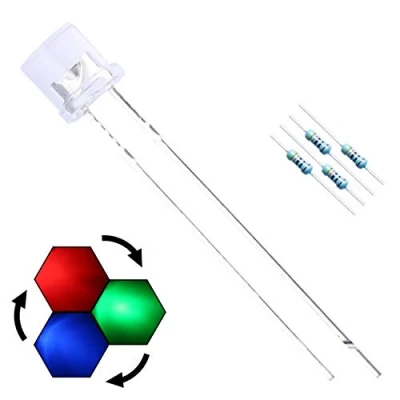 Imagen de Diodos LED intermitentes rápidos, 100 unidades, 5 mm, multicolor (colores cambiados automáticamente), agua clara y plana (DC 3 V), resistencias unidades (para CC 6 13 V). Bombillas de diodo