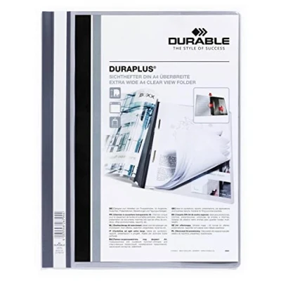 Imagen de Durable 257910 Carpeta de fástener con cubierta transparente y tapa posterior color Duraplus para A4, gris, paquete 25