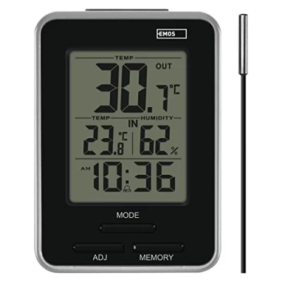 Imagen de EMOS termómetro digital con sensor exterior, e higrómetro interior y indicador mínimo máximo, reloj despertador función de repetición, funciona pilas, color plateado