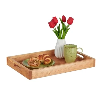 Imagen de Relaxdays Serviertablett aus Walnussholz Bandeja Rectangular, Madera de Nogal, con Asas, Borde Alto, Desayuno, Decorativa, Cocina, 5x46x31 cm, Natural