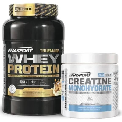 Imagen de Pack Enasport Truemade Whey Protein 2lb + Creatina Monohidrato 300g Aumenta el crecimiento muscular y la recuperación. (907, Cookies and Cream)