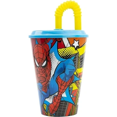 Imagen de CARTOON vaso con pajita para niños Spiderman de plástico reutilizable semirrígido BPA libre capacidad 430 ml