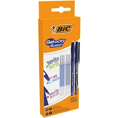 Imagen de BIC Illusion Set de Escritura, Incluye 2 Bolígrafos Gel Recargables Punta Media (0.7 mm) y 6 Recambios con Tinta Borrable Azul Negro.