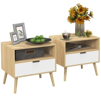 Imagen de HOMCOM 2 Mesitas de Noche Mesas Auxiliares con Cajón y Estante Abierto Estilo Moderno para Dormitorio Salón Oficina 50x39,5x49,5 cm Madera Natural