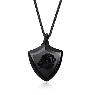 Imagen de COAI Collar con Colgante para Hombre Escudo León en Obsidiana Negra Piedra Natural