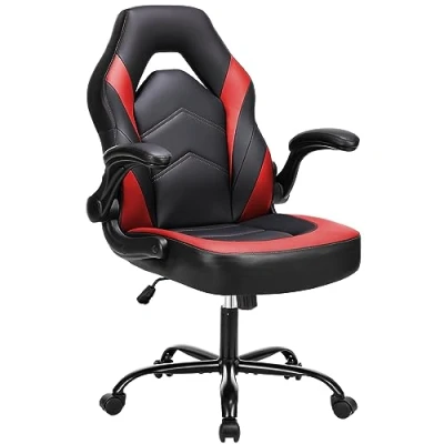 Imagen de Sweetcrispy Silla de Oficina ergonómica para Videojuegos, Ajustable, giratoria, Piel sintética, con reposabrazos Plegable, Negro Rojo, Talla única