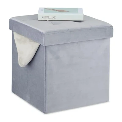 Imagen de Relaxdays Gris Taburete Plegable de Terciopelo, Reposapiés con Almacenaje, Acolchado, 38 x cm, Puff para Salón