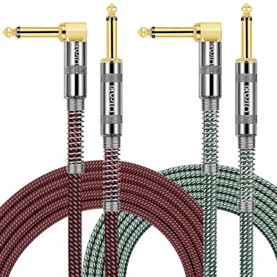 Imagen de OTraki Cable Guitarra Eléctrica 3 Metro, 2 Pack Jack Instrumento 10Ft 6.35mm de Forma L a Ángulo Recto Chapado en Oro Audio para Bajo Teclado Efecto Micrófono Mezclador