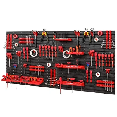 Imagen de Panel organizador de herramientas 1544 x 780 mm, set con 75 soportes para pared perforada, sistema almacenamiento, estantería pared, taller