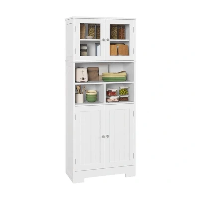 Imagen de HOMCOM Alacena de Cocina Mueble Auxiliar Aparador Alto con 2 Puertas Vidrio Estantes Ajustables y Compartimentos Abiertos 60x30x145,5 cm Blanco