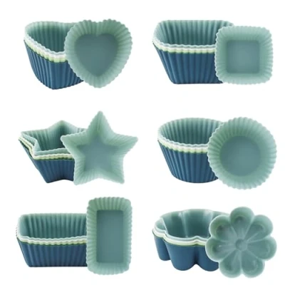 Imagen de TOKSEO 24 Piezas Moldes de Silicona Magdalenas, 6 Tipos Molde Reutilizables para Hornear Cupcakes, Muffins, Reposteria, Gelatina (4 colores)