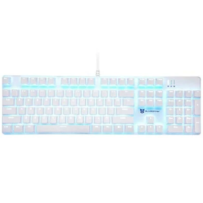 Imagen de Mecool teclado mecánico para juegos con cable, retroiluminado azul, interruptores marrones, tamaño completo, 104 teclas, diseño de EE. UU., color blanco