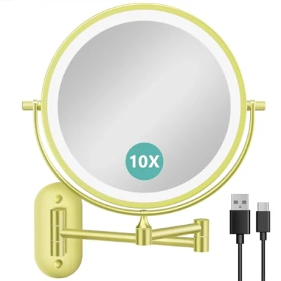 Imagen de Auxmir Espejo Maquillaje con Luz Recargable, Aumento 1X/10X Doble Cara Giratorio 360, Baño Pared Extensible Táctil USB, 3 Colores Brillo Regulable, para Hotel, Dorado