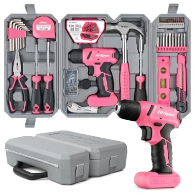 Imagen de Hi Spec Juego de Herramientas Rosa Con Destornillador Electrico/Taladro 8V. 57 Piezas. Maletin uso Múltiple. Bricolaje, Reparacion y Mantenimiento Hogar. Estuche Transporte