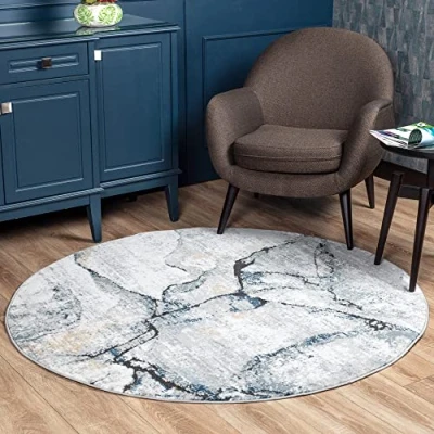 Imagen de Surya Alfombra Abstracta Berlin Salón Grande, Habitación, Dormitorio Salon Pelo Corto, Suave y Lujosa Facil de Cuidar Grande 160cm Redonda Gris, Azul, Marfil