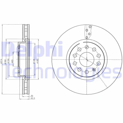 Imagen de DELPHI BG4330C Disco de freno 314 30 5 ventilado revestido altamente carbonizado sin cojinete rueda, anillo sensor ABS VOLKSWAGEN: Tiguan II
