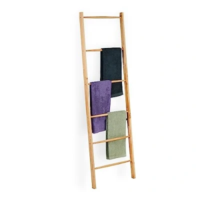 Imagen de Relaxdays Handtuchleiter Holz 6 Sprossen Toallero Escalera Madera Nogal, Barras, Soporte para Ropa y Toallas, 170 x 55 cm, Baño Dormitorio, Natural, 4 cm Aprox