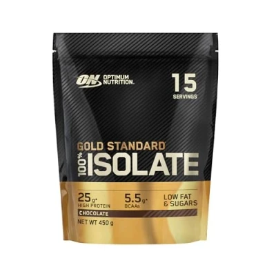 Imagen de Optimum Nutrition ON Gold Standard 100% Isolate, Proteína Whey Pura, BCAA y Glutamina Naturales, Pre Post Entrenamiento, Sabor Chocolate, 15 Dosis, 450g