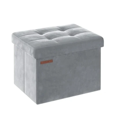 Imagen de SONGMICS Puff Almacenaje, Banco de Almacenamiento Terciopelo Plegable, Taburete Reposapiés, 31 x 41 cm, Carga 130 kg, para Entrada, Sala Estar, Dormitorio, Gris Paloma LSF200G02