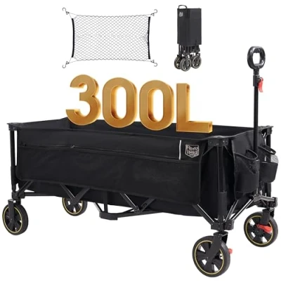 Imagen de TIMBER RIDGE XXXL Carro Plegable 300L 160KG con Freno Redes anticaída de Transporte Bolsillo Lateral Portabebidas, Asa Ajustable, jardín, Playa para Todos los terrenos