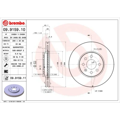 Imagen de BREMBO COATED DISC LINE 09.9159.11 Disco de freno 280 25 4 ventilación interna revestido altamente carbonizado con tornillos OPEL: Combo C Tour